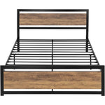 Queen Metal Platform Bed Frame with Brown Wood Panel Headboard and Footboard