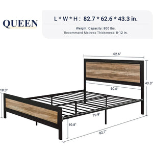 Queen Industrial Metal Wood Rivet Platform Bed Frame w/ Headboard and Footboard