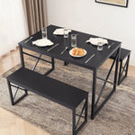 Modern Industrial Black Wood-Top Kitchen Dining Table Set with 2 Benches