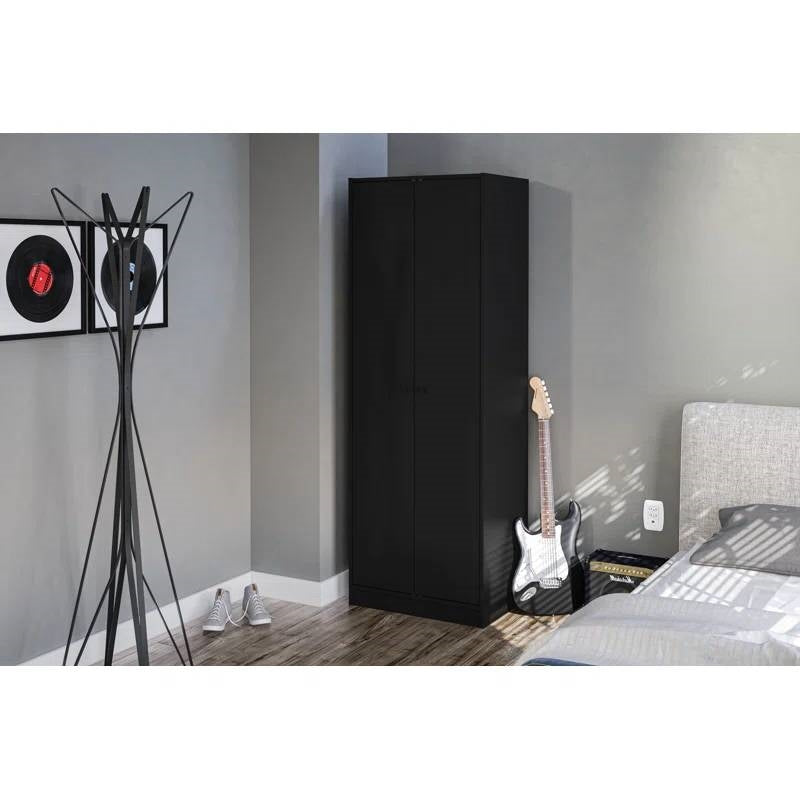 Modern Black  2-Door Wardrobe Armoire Cabinet with Clothes Hanging Rod
