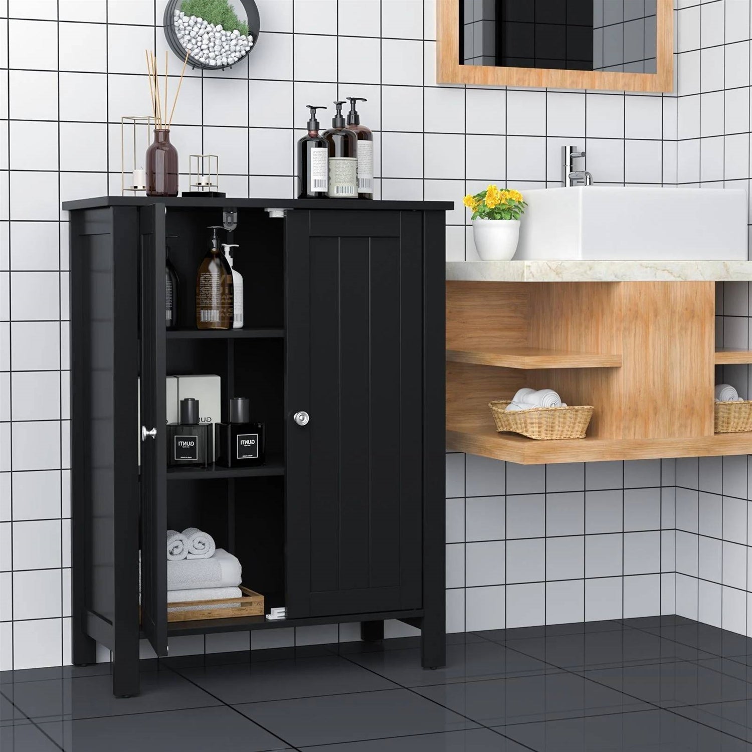 Bathroom Storage Cabinet with Adjustable Shelves in Black Wood Finish