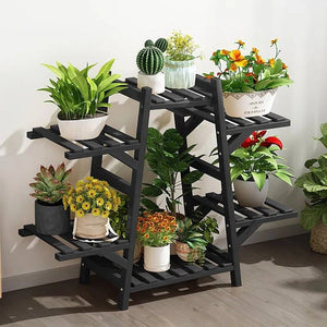 Indoor Outdoor Black Bamboo Wood 6-Shelf Flower Pot Plant Stand