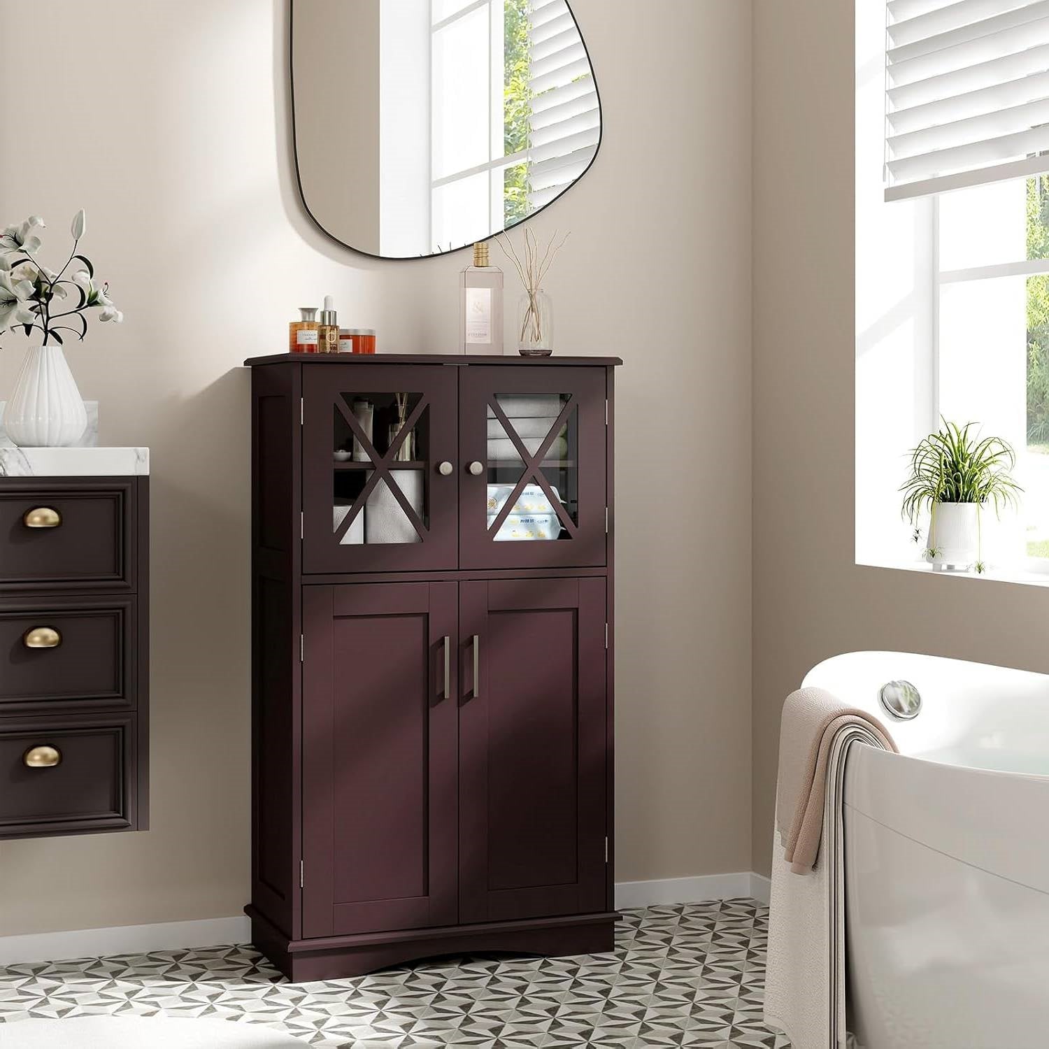 Brown Bathroom Towel Linen Cabinet with Glass Doors and Storage Shelves