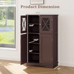 Brown Bathroom Towel Linen Cabinet with Glass Doors and Storage Shelves