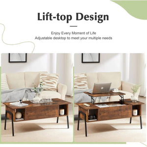 Modern Lift-Top Coffee Table Laptop Desk with Storage Shelf in Brown Wood Finish
