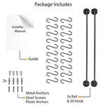 Set of 2 - Black Metal Wall Mounted Pot Rack with 20 Hanging Hooks