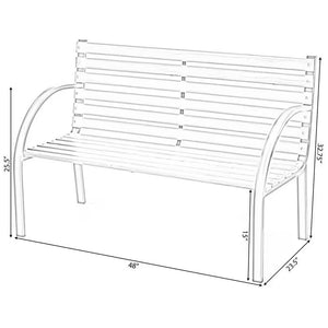 Outdoor Black Metal Frame Garden Bench with Wood Slats and Curved Armrests