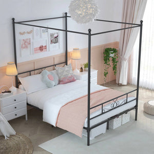 Full size Four Poster French Country Metal Canopy Bed in Black Finish