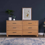 Modern Farmhouse Solid Wood 6 Drawer Double Dresser in Light Brown Finish
