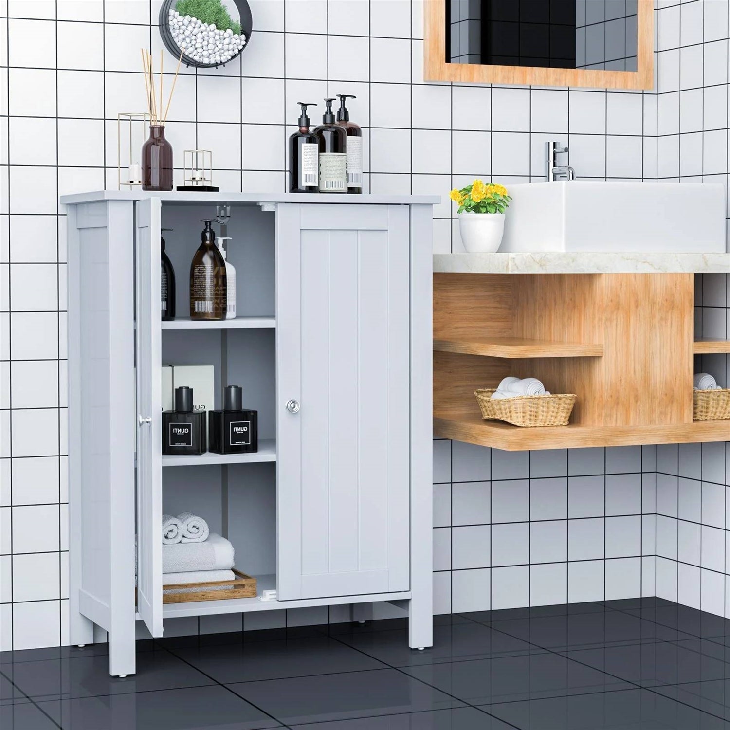 Bathroom Storage Cabinet with Adjustable Shelves in Grey Wood Finish
