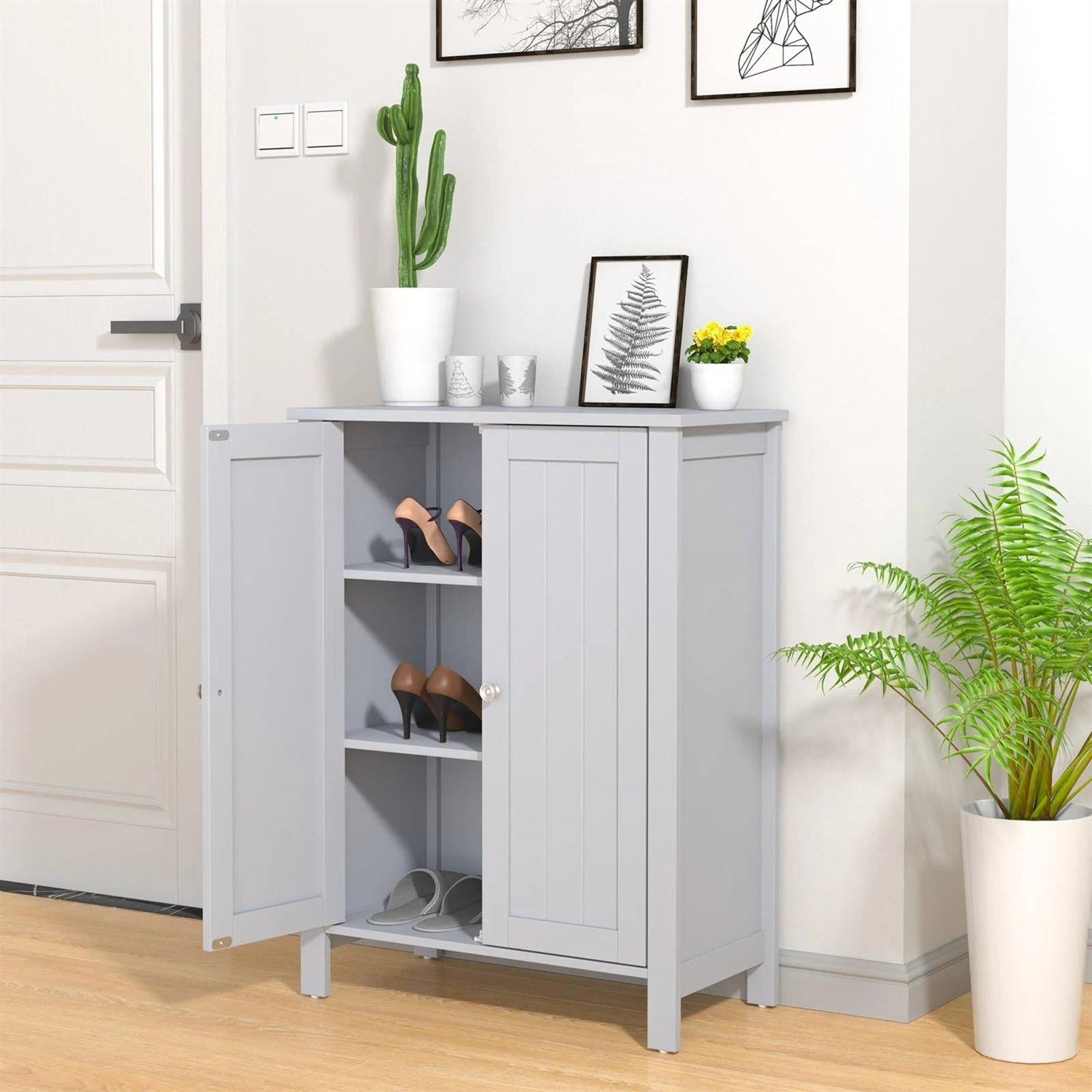 Bathroom Storage Cabinet with Adjustable Shelves in Grey Wood Finish