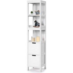Bathroom Cabinet Tower with 2 Storage Drawers and 3 Shelves in White Wood Finish