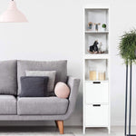 Bathroom Cabinet Tower with 2 Storage Drawers and 3 Shelves in White Wood Finish