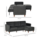 Modern Mid-Century Reversible L-Shaped Sectional Sleeper Sofa in Black Velvet