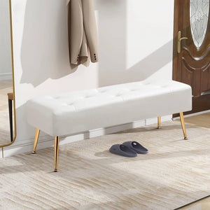 Modern Bed Bench Ottoman with White Ivory PU Leather Seat and Gold Metal Legs