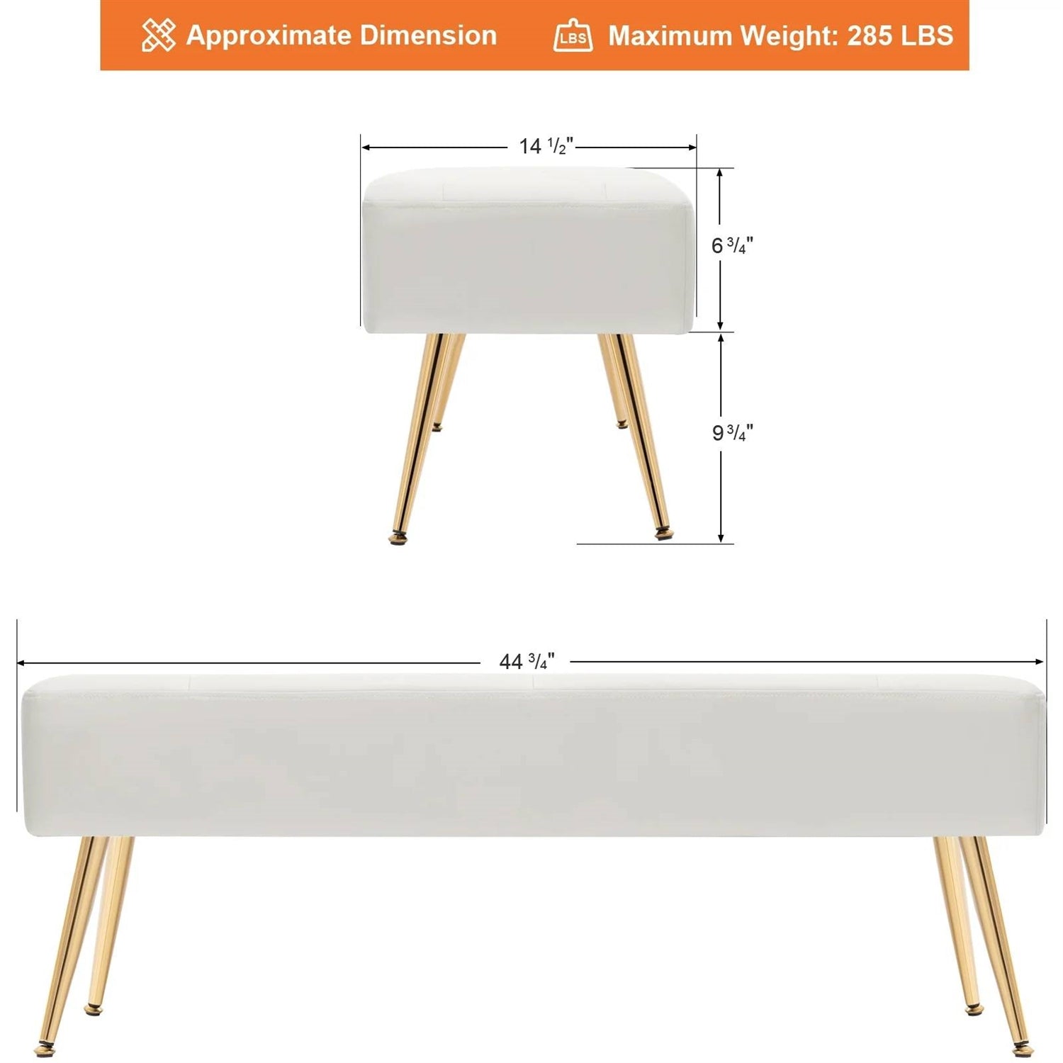 Modern Bed Bench Ottoman with White Ivory PU Leather Seat and Gold Metal Legs