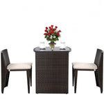3 Piece Compact Espresso/White Wicker Patio Cushioned Outdoor Chair Table Set