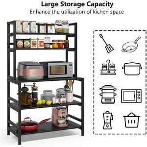 Black Metal Wood Freestanding Kitchen Shelf Bakers Rack Microwave Stand