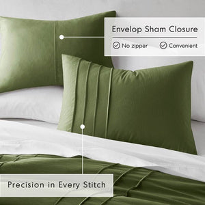 King size Microfiber Pleated Soft Lightweight Comforter Set in Olive Green