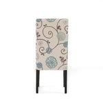 Set of 2 Beige Cream Teal Blue Floral Fabric Dining Chair with Wood Legs