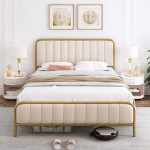 Queen size Gold Metal Platform Bed Frame with Off-White Upholstered Headboard