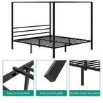 Queen size Modern Four Poster Metal Canopy Bed in Black Finish