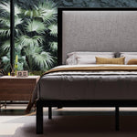 Queen Black Metal Platform Bed Frame with Tall Grey Linen Upholstered Headboard
