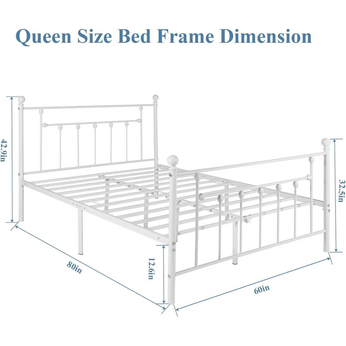 Queen size Vintage Style White Metal Platform Bed Frame with Headboard Footboard