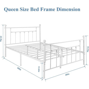 Queen size Vintage Style White Metal Platform Bed Frame with Headboard Footboard