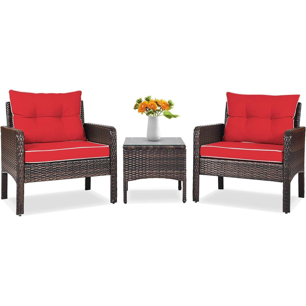 3-Piece Brown PE Rattan Outdoor Dining Patio Furniture Set with Red Cushions