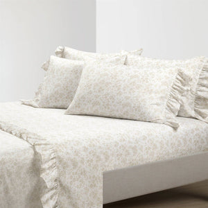 Queen Size Polyester Tan Ruffle Floral 6 Piece Sheet Set