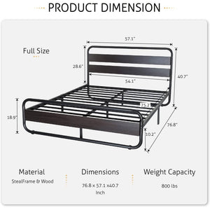 Full Heavy Duty Round Metal Frame Platform Bed with Black Wood Panel Headboard