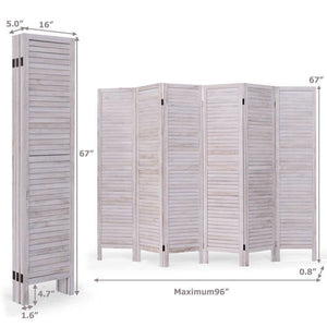 6-Panel Classic Louver Slatted Room Divider Screen in White Wood Finish