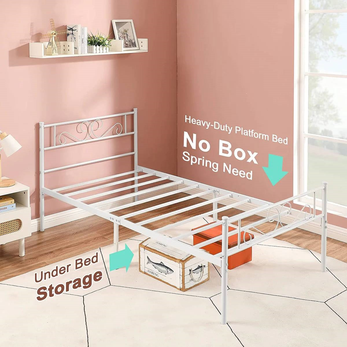 Twin size White Metal Platform Bed Frame with Headboard and Footboard