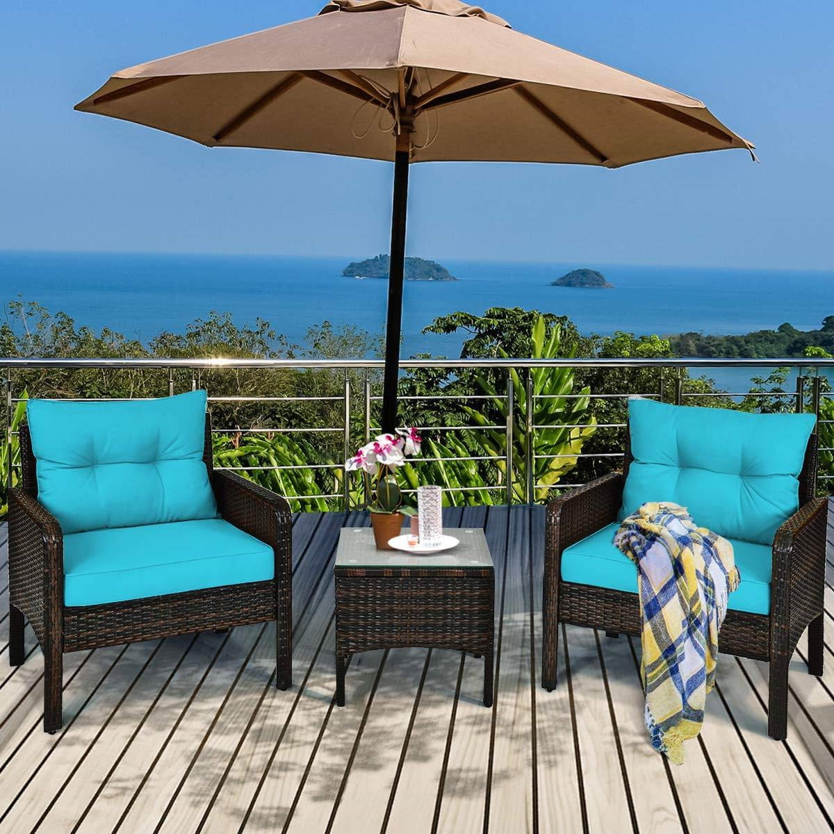3-Piece Brown PE Rattan Outdoor Patio Furniture Dining Set w/ Turquoise Cushions
