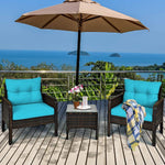 3-Piece Brown PE Rattan Outdoor Patio Furniture Dining Set w/ Turquoise Cushions