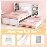 Twin/Full Wood Platform Bed w/ Trundle and Storage Bookcase Headboard in White