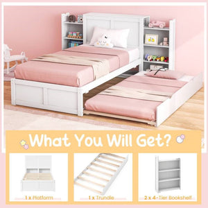 Twin/Full Wood Platform Bed w/ Trundle and Storage Bookcase Headboard in White