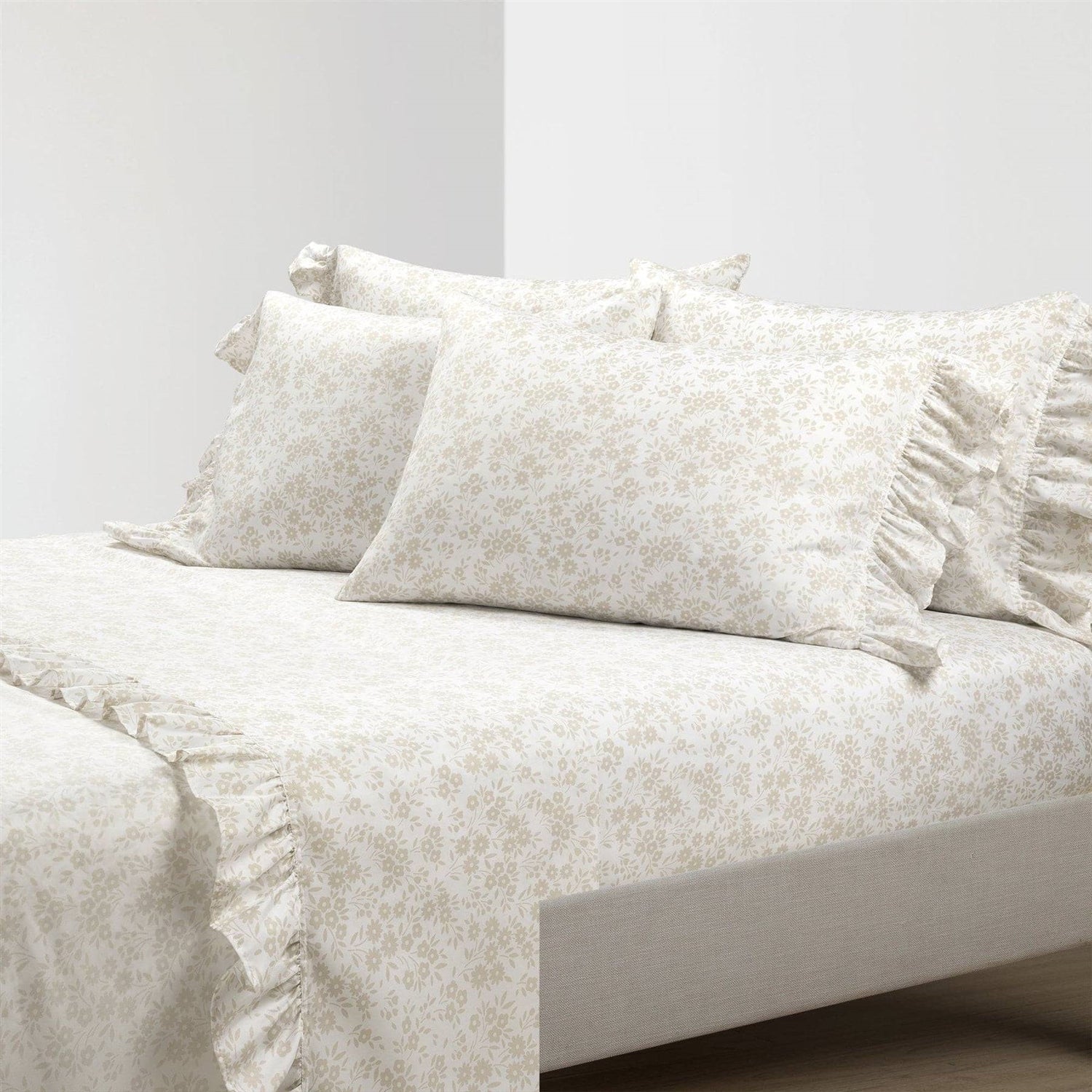 Full Size Polyester Tan Ruffle Floral 6 Piece Sheet Set
